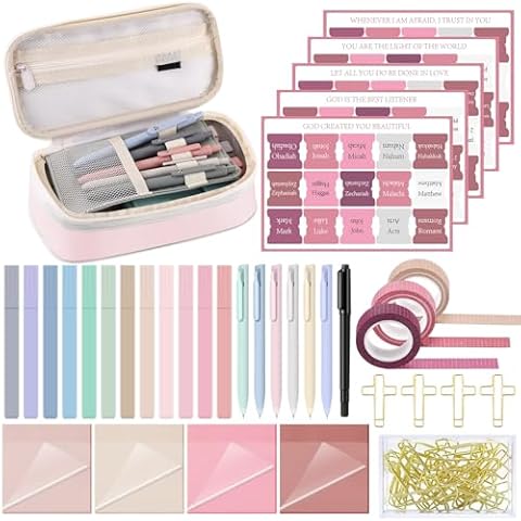 Dunzoom 33 Pcs Bible Journaling Kit Aesthetic Supplies with Pen Case 12 Highlighters 6 Gel Pens 75 Bible Tabs 3 Tapes 4 Sticky Notes 35 Paper Clips and Marker Bible Book Annotation Kit(Pink) Cover