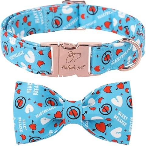 Babole Pet Valentine's Day Dog Collar with Bowtie, Blue Heart Dog Collar with Bow, Cute Loving Heart Printed Collar with Metal Buckle Adjustable for Boys&Girls Dogs, Large Cover