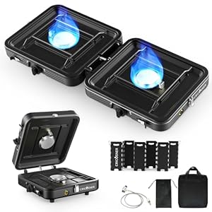 2 Burner Portable Propane Camping Stove, 17200 BTU Camp Stove with Windshield, Folding Gas Stove with Carrying Bag for Camping, Outdoor Cooking, BBQ & Tailgating (Black)