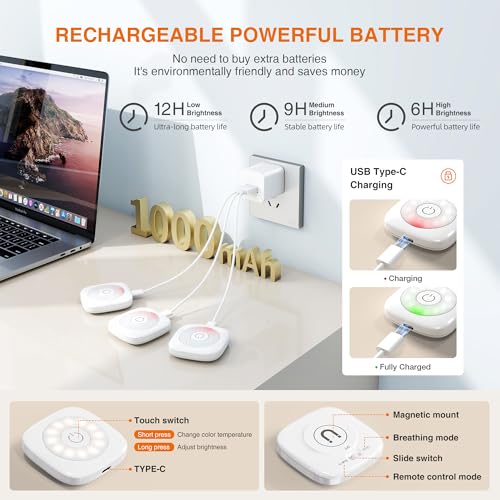 Image of Rechargeable Mini Puck Lights with Remote Control, Ultra-thin Tap Light with Adjustable Brightness (10%-100%) & 3 CCT (3000K /4000K /6500K), Perfect for Hallway, Stairway, Closet(6 Pack, White)