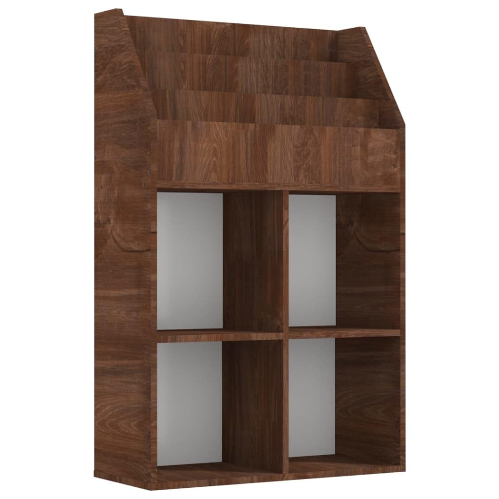 Stojak na czasopisma drewno inżynieryjne Dąb brązowy 71x30x114 cm | 3 przegródki na książki, 4 otwarte półki, do przechowywania sypialni, biura, wejścia, do montażu na ścianie w zestawie