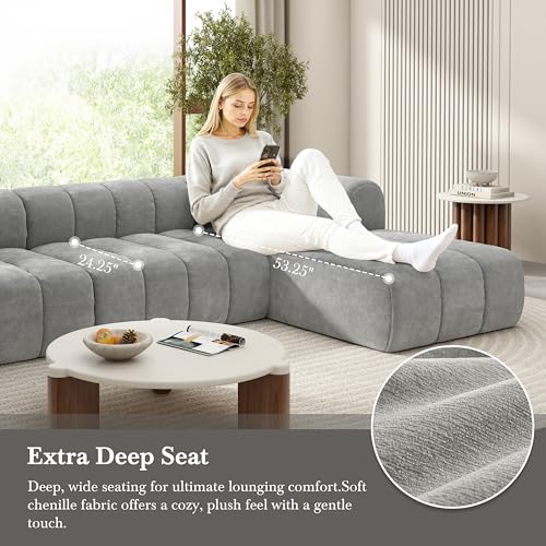 Image of Christopher Knight Home Mania 122 inch Modular L-Shape Sofa Couch with Chaise Lounge, Modern Sectional Sofa Set for Living Room, Boucle Fabric Upholstered Cloud Couch with Deep Seat, Gray