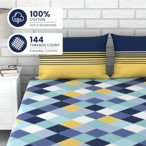 Image of LORETO - A QUALITY LINEN BRAND 144 TC 100% Pure Cotton King Size Fitted Bedsheet with 2 Pillow Covers for 72 x 72 Inch Mattress, All-Around Elastic, 8 Inch Deep Pocket, Vivid Blue and Yellow Checkered