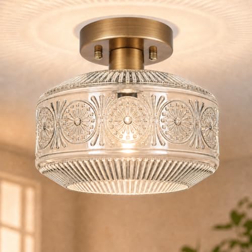 DSMJFU Semi Flush Mount Ceiling Light Brass Thick Glass Fixture