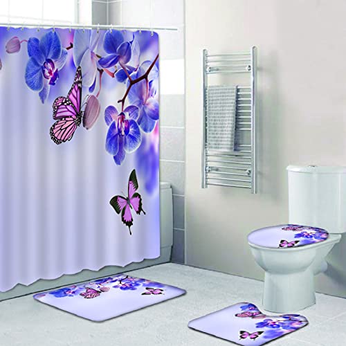 Duschvorhang Lila Schmetterling Badezimmerteppich 4-Teiliges Set, Duschvorhang 180x180 Polyester+Badematte rutschfeste…