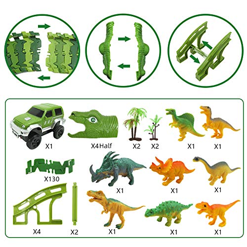 Feleph Dinosaur Race Car Track for 3-8 Years Old Kids 6.3 Feet Dinosaur Toys for Boys Cool Flexible Track Play Set, 153PCS Kid's Best Gift with 8 Dinosaurs & 1 Car