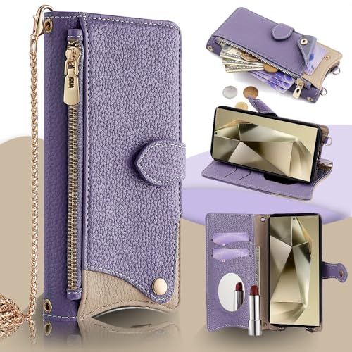 Étui en cuir iPhone 14 Pro Max violet avec miroir et détails dorés