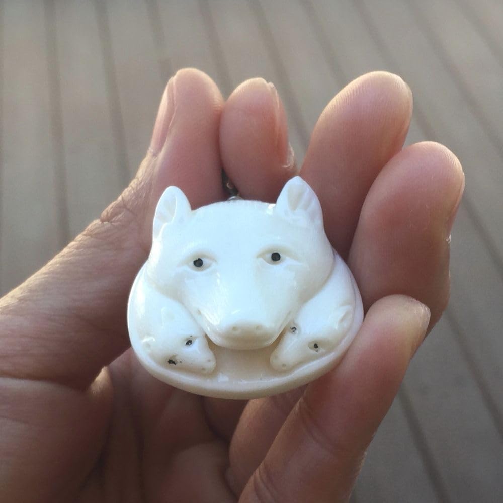 Adabele 1pc Beautiful Wolf Family Hand Carved White Buffalo Bone Drop Pendant 1.3 Inch Symbol of Strength Prosperity for DIY Craft Jewelry Making bp124