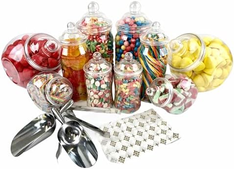 Sweet Candy Buffet Pick & Mix Jars - Set of 10 Mixed Jars with Victorian Bobble Lids, 2 x Metal Tongs, Scoops & 100 x Pink Polka Dot Paper Bags