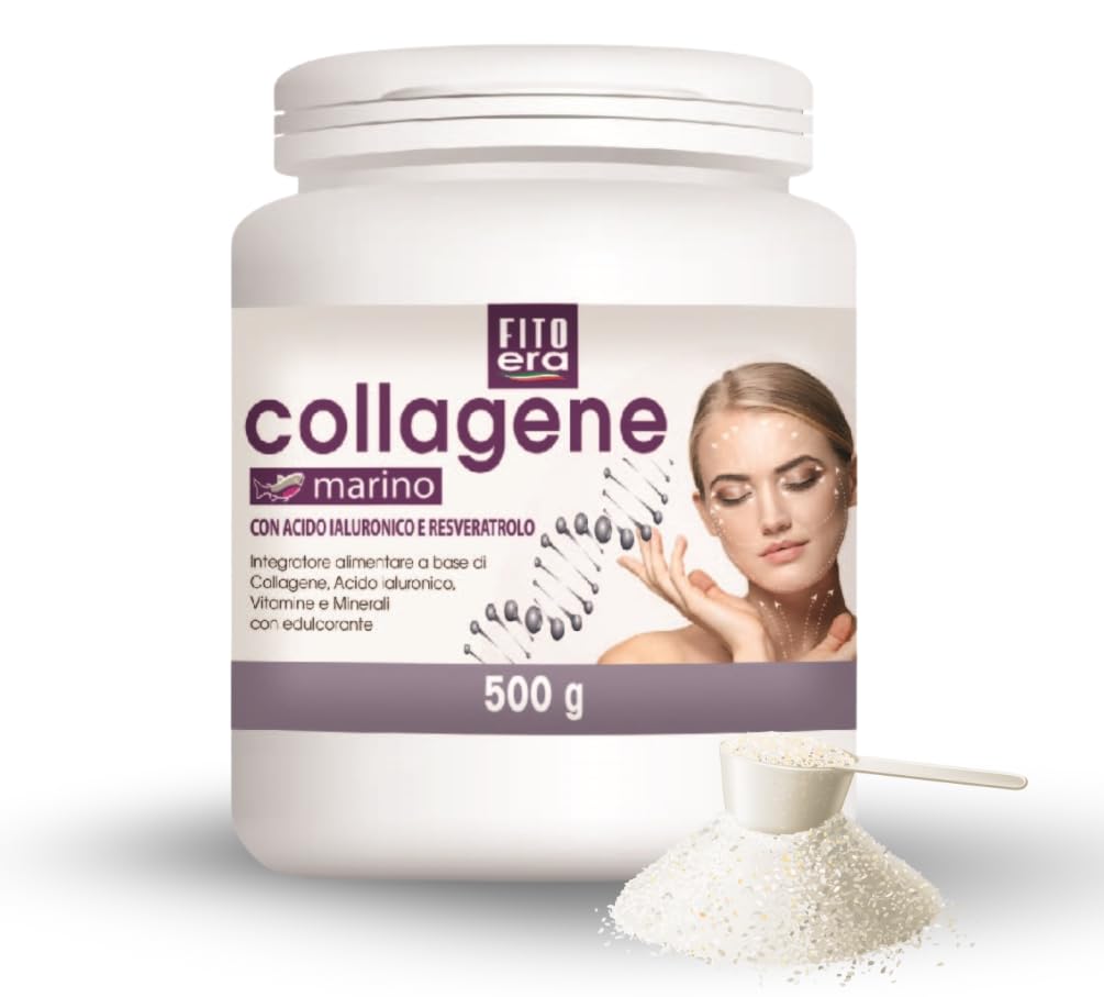 FITOERA Collagene Marino in Polvere 500g – Con Acido Ialuronico, Biotina, Vitamina C, E, Zinco e Resveratrolo – Per Pelle, Capelli e Unghie – Alta Solubilità – Made in Italy
