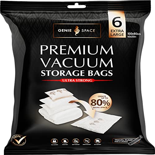 Genie Space - Incredibly Strong Premium Space Saving Vacuum Bags Storage | 6 X Extra Large (40X30In) | Airtight & Reusable | Create 80% More Space | For Clothes, Towels, Bedding, Duvets And More.. #TOP2