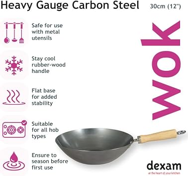 Dexam 12108512 Professional Carbon Steel Wok 30cm/12-inch, Black, 1.8mm Heavy Gauge | Unseasoned