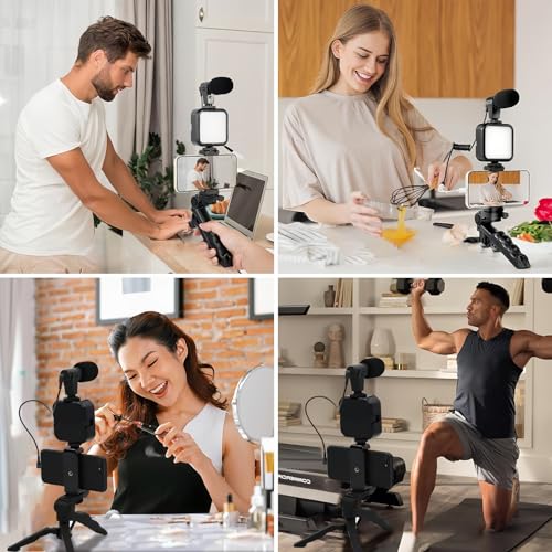 H'MASTON Kit Tripe para Celular com Iluminação e Microfone Luz de Led para Gravar Video Obturador R