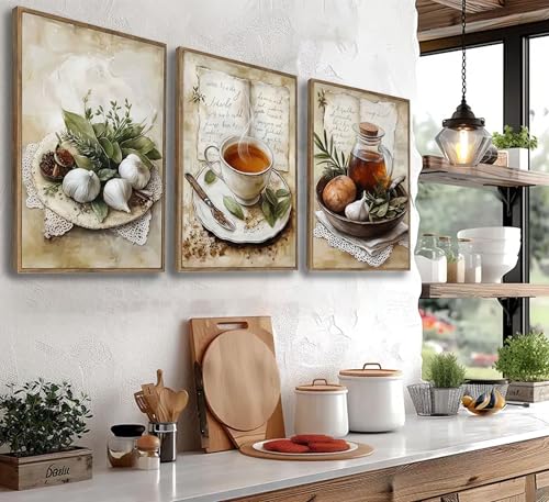 3Pcs Vintage Country Kitchen Canvas Wall Art Rustic Olive Oil and Garlic Coffee Herbal Tea Painting Picture Wall Decor Poster Print Artwork For Kitchen Dining Room Home Decoration Unframed — view 5