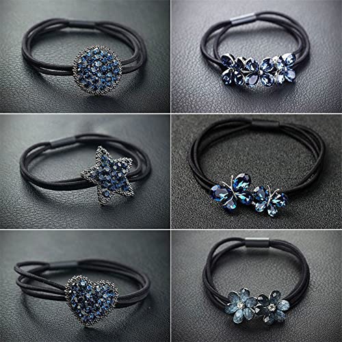 Mafeloe Fashion Elastic Rhinestone Hair Bands Hair Ropes Hair Loop, Ponytail Holder Hair Ties Accessories For Women Ladies Girls Set-Dark Blue Butterfly+Flower 6Pcs #TOP7