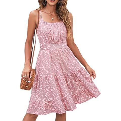 BOKALY Women’s Pink Summer Dress 2023 Ruched Chest Spaghetti Straps Pleated Flare Wedding Guest Dress with Pockets(BK155-Pink Dot, L) Cover