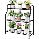 Kitsure Plant Stand Indoor & Outdoor - 3-Tier Metal Plant Shelf with Adjustable Leveling Feet, Easy to Assemble Planter Stand for Patio, Balcony, or Garden (Black, 27' x 11.4' x 29.3')
