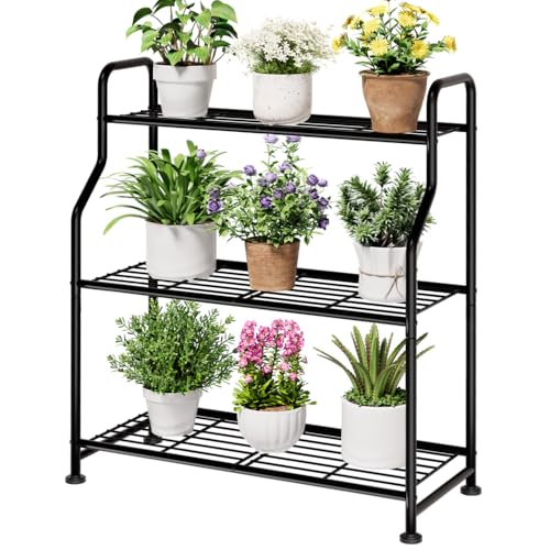 Kitsure Plant Stand Indoor & Outdoor - 3-Tier Metal Plant Shelf with Adjustable Leveling Feet, Easy to Assemble Planter Stand for Patio, Balcony, or Garden (Black, 27' x 11.4' x 29.3')