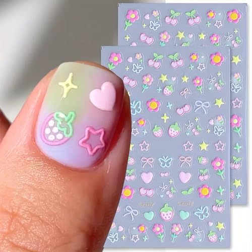3Sheets Nail Stickers for Nail Art 5D Flower Butterfly Strawberry Bow Star Heart Nail Decals Self-Adhesive Embossed Colorful Cartoon Nail Art Supplies Cute Nail Art Stickers for Girls Nail Decorations