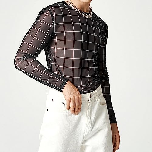 Evankin Mens Sexy Lace Shirt Top See Through Grid Print Long Sleeve T-Shirt Sheer Mesh Undershirts for Male3