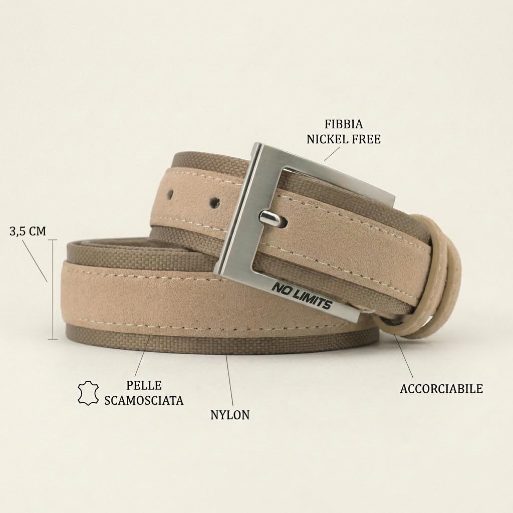 No Limits Cintura Uomo in Pelle Scamosciata e Nylon, Sportiva, Alta 3,5 cm, Fibbia Nickel Free, Accorciabile, Con Scatola