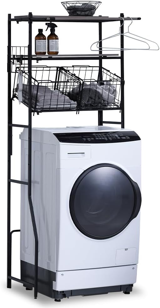 ランドリーラック・洗濯機ラック ブラック 幅64〜94cm