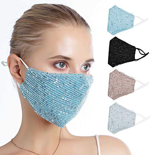 4 PC Sequins Mask Washable fashion Breathable Cotton Mask Festival Mask for women Party Face Masks (B)