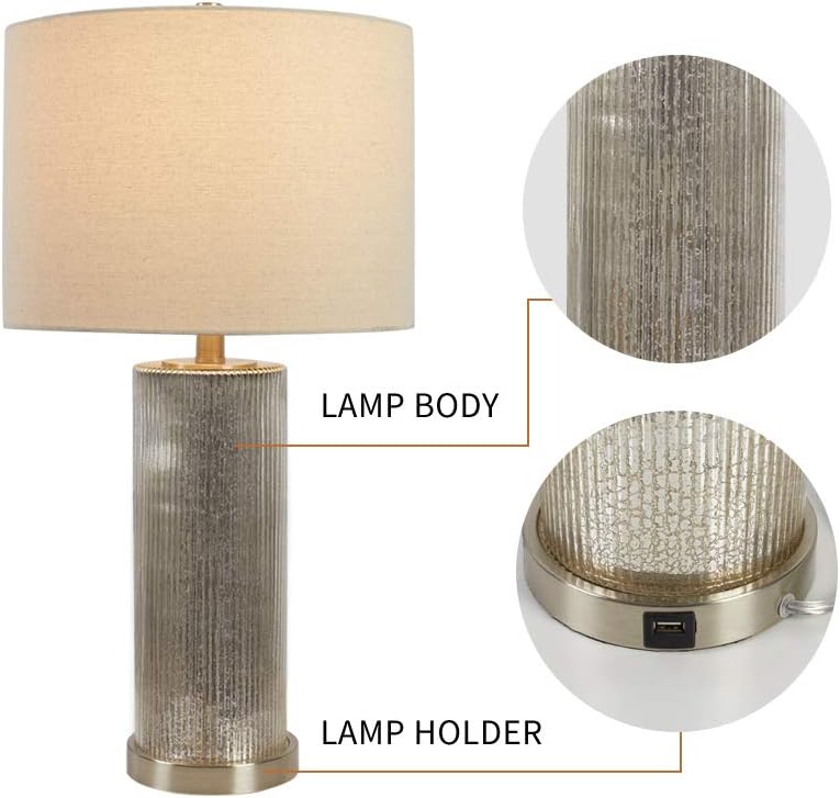 Blасk Frіdау - 60% оƒƒ Maxax Table Lamp Set of 2 with USB Charging Ports, Mercury Nightstand Lamps in 3-Way Dimmable with Oatmeal Fabric Shade, Glass bedside Lamp for Living Room and Bedroom, Nickel Finish (ETL Certified)