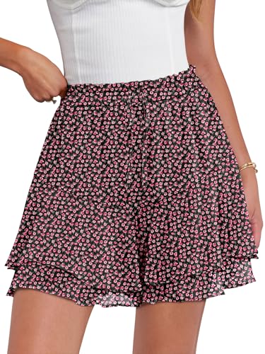 Caracilia Skorts for Women Boho Casual Beach Mini Skirts Summer Floral Ruffle Chiffon Flowy Shorts 2026 Trendy Outfits Black with Floral Pink Medium