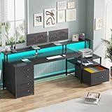 SEDETA Computer Desk with 5 Drawer, Power Outlet & Led Lights, 66'' Home Office Desk with File Drawer, Storage, Monitor Shelf, Gaming Desk, Black