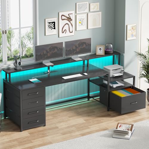 SEDETA Computer Desk with 5 Drawer, Power Outlet & Led Lights, 66'' Home Office Desk with File Drawer, Storage, Monitor Shelf, Gaming Desk, Black 67X1