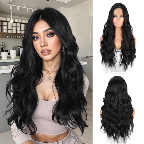 AISI BEAUTY Long Wavy Black Wigs for Women 24 Inch Middle Part Curly Wavy Wig Natural Looking Synthetic Heat Resistant Fiber Wavy Wig for Daily Party Use
