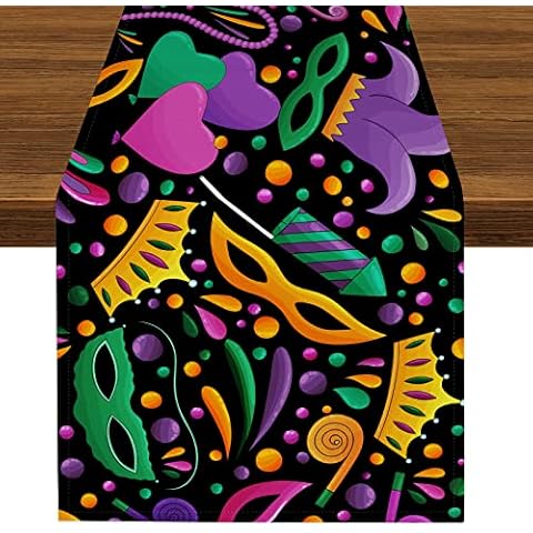 Mardi Gras Carnival Mask Beads Table Runner 90 Inches Long for Kitchen Dining Table Decoration Holiday Masquerade Party Indoor Outdoor Decor Cover