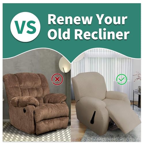 Image of YEMYHOM 4 Pieces Oversized Stretch Recliner Slipcover Jacquard Large Recliner Chair Cover with Side Pocket Anti-Slip Fitted Furniture Protector with Elastic Bottom (X-Large Recliner, Khaki)