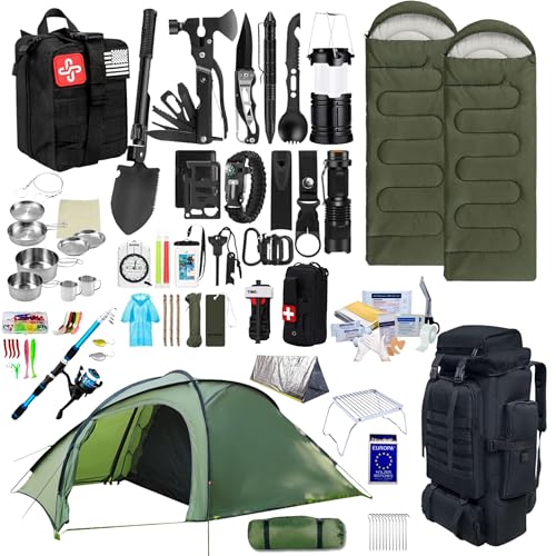 Mochila de escape para 2 personas, kit de supervivencia de emergencia, kit de supervivencia con mochila táctica, tienda de campaña, 2 sacos de dormir, kit de primeros auxilios, utensilios de cocina de