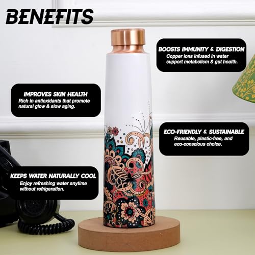 Image of 100% Pure Copper Floral Print Designer Water Bottle with Ayurvedic Benefits Rustproof & Leakproof Copper Bottle for Home School Gym Travel Bottle Drinkware & Storage Purpose 900 ml