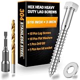 Xpokcai 15 Pcs 5/16' x 3' Hex Head Lag Screws for Wood, Hex Head Lag Bolts,304 Stainless Steel 18-8 Heavy Duty Wood Screw with Flat Washers (15, 5/16' x 3')