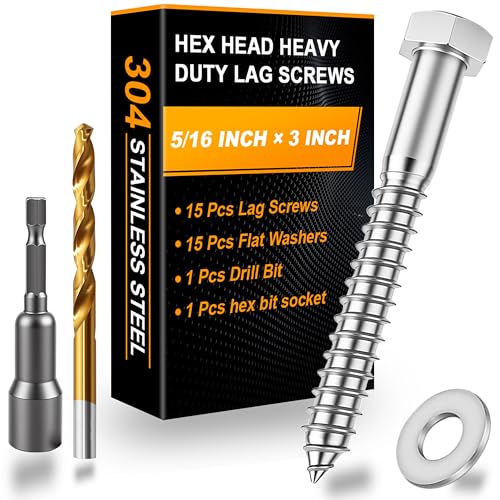 Xpokcai 15 Pcs 5/16" x 3" Hex Head Lag Screws for Wood, Hex Head Lag Bolts,304 Stainless Steel 18-8 Heavy Duty Wood Screw with Flat Washers (15, 5/16" x 3")