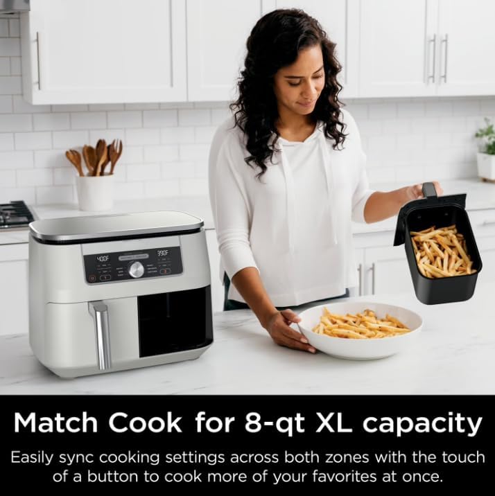 Niin-jja 6 in 1, 8 Quart 2 Basket Air Fryer with DualZone Technology, Air Fry, Keep Warm, Roast, Bake, Reheat, and Dehydrate, Easy-to-Clean, color White (AD 150 A)