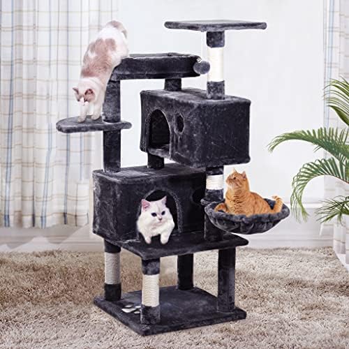 JISSBON 124cm Cat Tree Tower, Multi Level Cat Scratching Post with Condos, Hammock & Plush Perches for Kittens, Large Cats, Grey