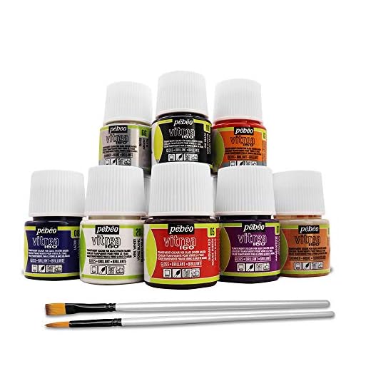 Pebeo Vitrea 160 - Pintura para vidrieras y más - Juego de 8 colores con pinceles Moshify