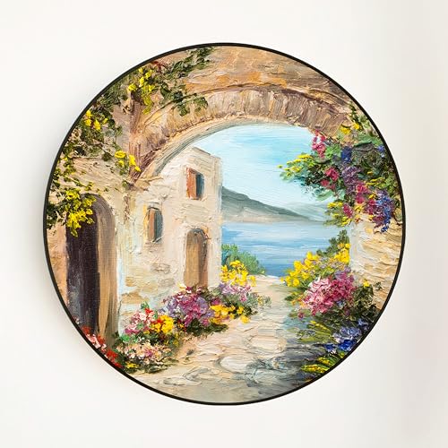 Image of PAINTINGMANTRA House Near The Sea Round Large Wall Art Painting for Living Room Decoration, Circular Gold Metal Finish Stylish Large Wall Art Print for Wall Decor (22x22 Inches)