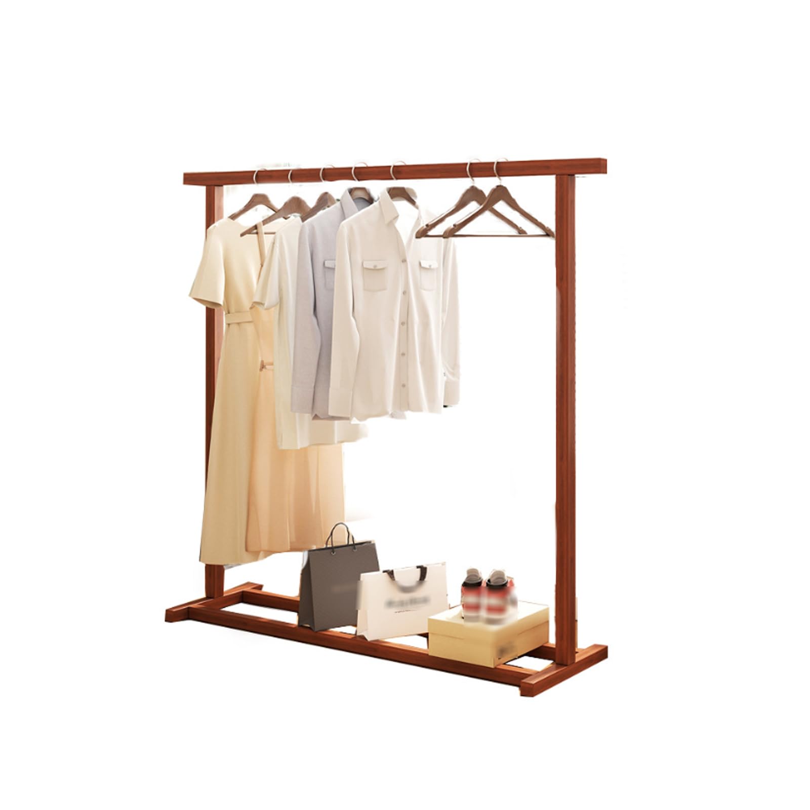 Porte-vêtements en bois massif sur pied avec tige de suspension et étagère de rangement basse