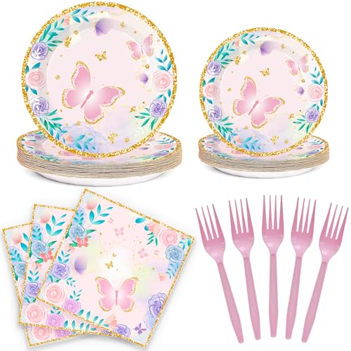Butterfly Plates and Napkins Party Supplies 100Pcs Butterfly Paper Plates Butterfly Napkins Purple Flower Butterfly Birthday