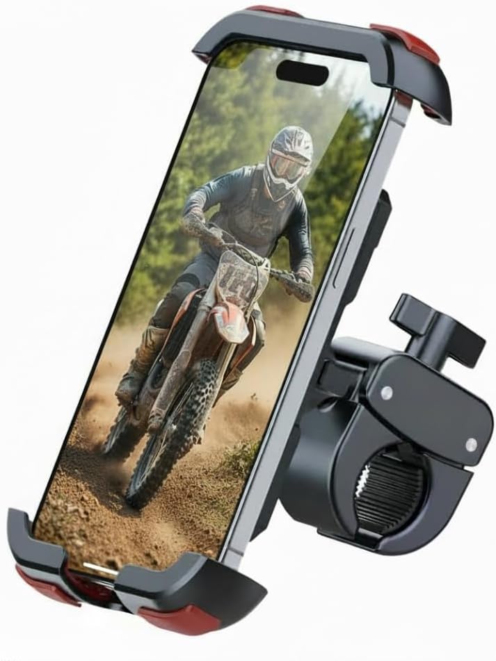 Bike Phone Holder for Motorcycle & Bicycle Handlebar Mount, 360 Rotatable, Secure Clamp, Fits Thick Smartphones 4.7"-7" (Black+Red)