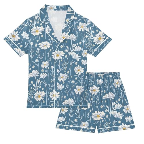 White Daisies Floral Pajamas Set Summer Button Down Sleepwear Pjs Sets Comfy Loungewear