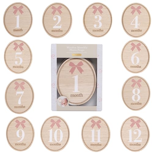 Image of Kate & Milo Wooden Baby Monthly Milestone Discs, Oval with Pink Bows, 12-Piece Double-Sided Month Markers for Newborn Photo Props