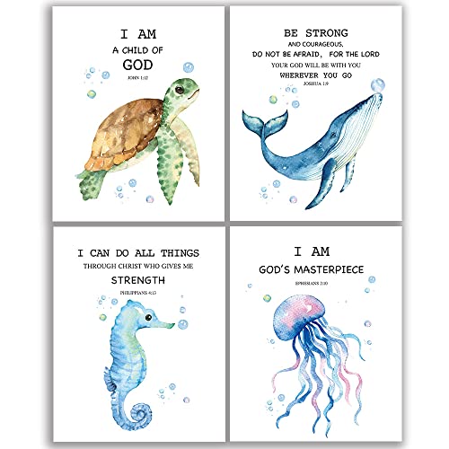 Image of Scripture Bible Verse Wall Decor Set of 4 (8”X10”), Watercolor Blue Ocean Theme Religious Gifts for Children, Inspirational Bible Verses Quotes Baby Nursery Wall Decor, No Frame