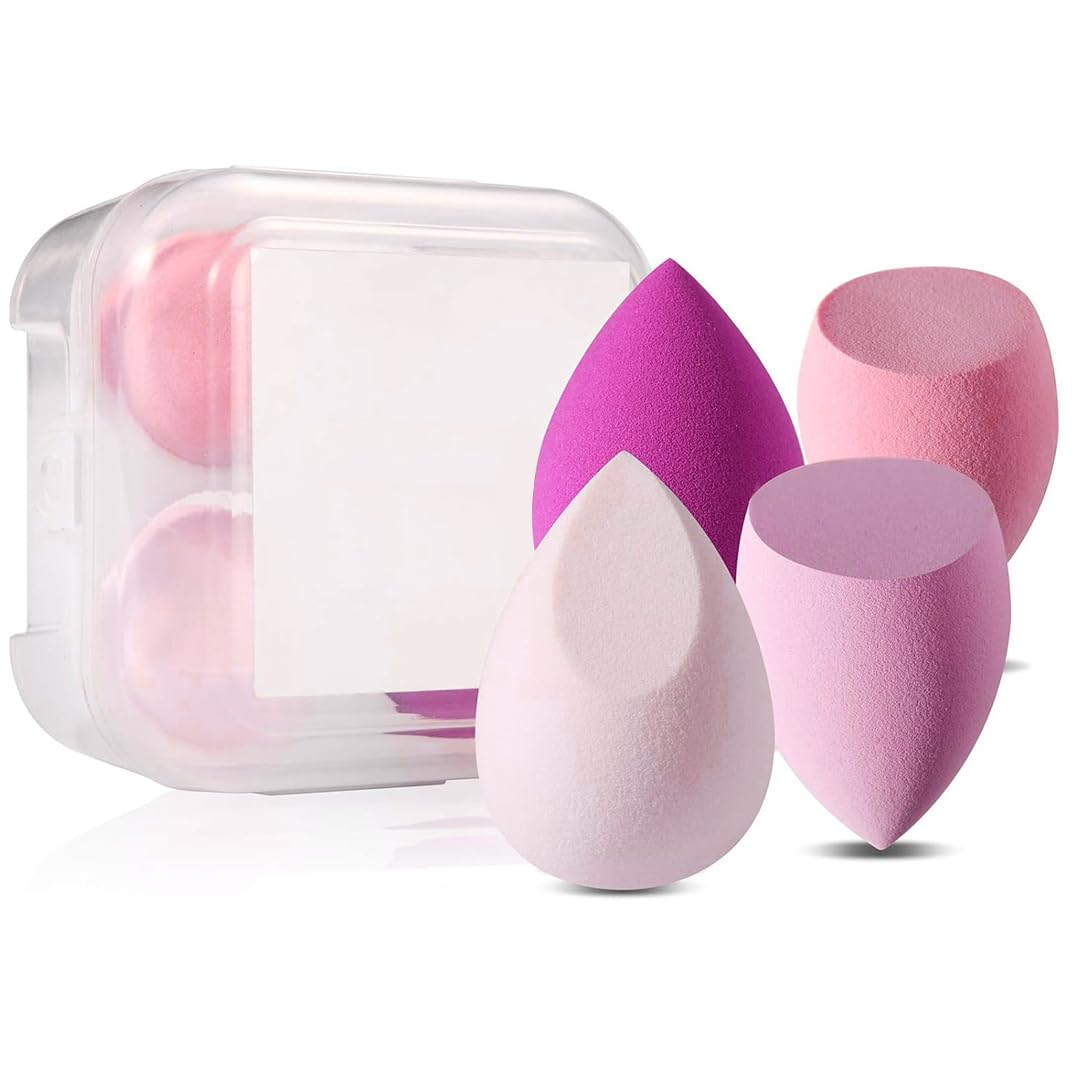 Gleva 4Pcs Makeup Blender Sponge Set, Soft Egg Shaped Blending Puff For Flawles Makeup, Blender for Liquid Foundation, Cream, Powder, Wet And Dry Makeup Applicator For Girls, Women (Pink)