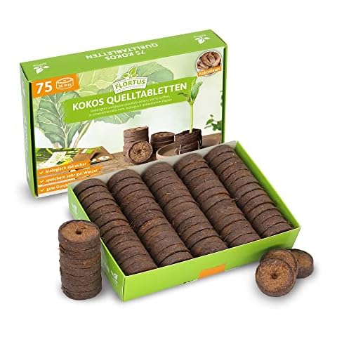 FLORTUS Kokos Quelltabletten mit NPK Dünger | 75 Stück (36 mm) Quelltabs aus Anzuchterde torffrei | Kokoserde für Pflanzen | Quelltabletten Anzucht | Anzuchterde aus Kokosfaser | Pflanzen Anzucht Cover